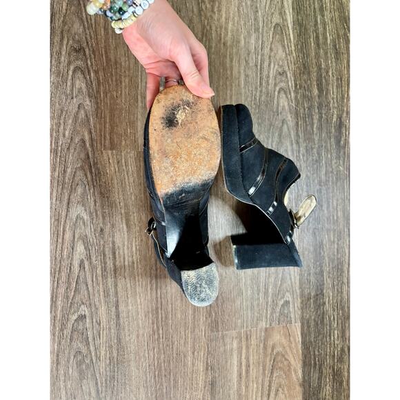Vintage 1970s Faux Black Suede & Patent Leather Clogs Sling Back AS IS - Picture 7 of 11